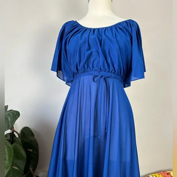 Vintage 70’s Young Edwardian Royal Blue Angel Sleeve Sheer Midi Dress - Picture 4 of 14